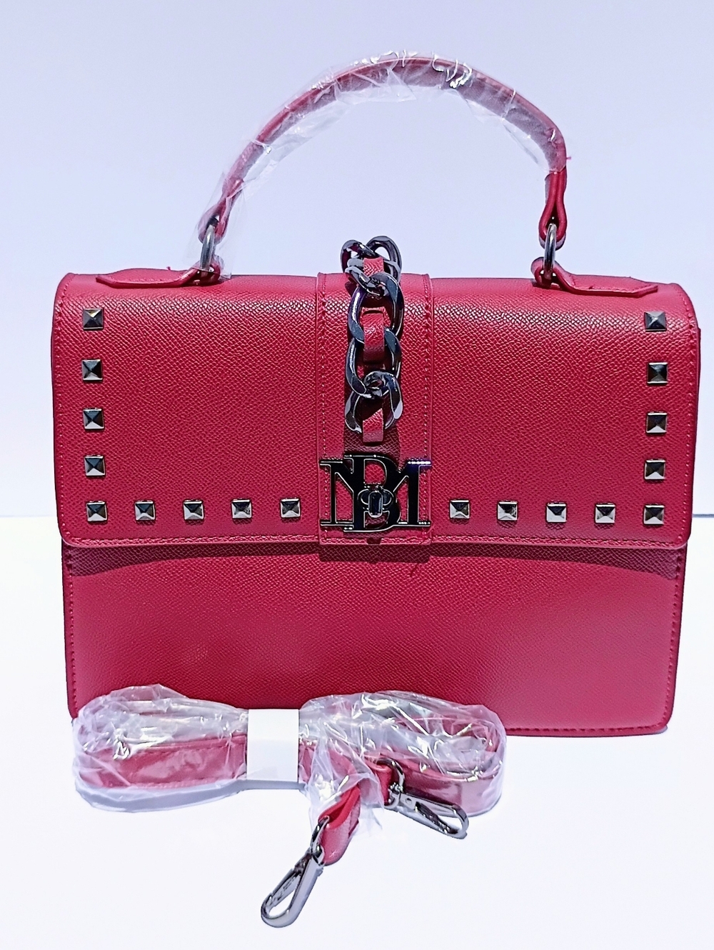 Badgley Mischka Studded Crossbody Bag Red Wine Top Handle Chain Strap NWT